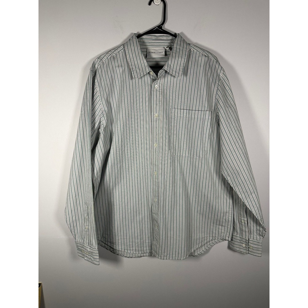 Plenum Studio Shirt Mens L Blue Stripe 100% Cotton Long Sleeve Button Pocket